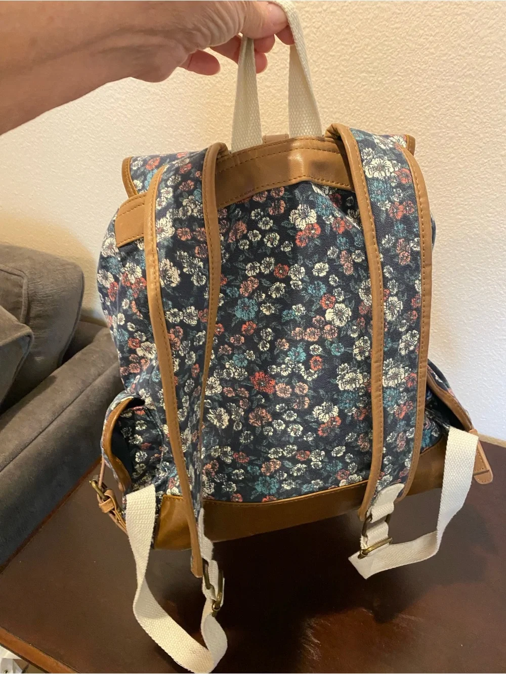 Vintage Y2K 90s MUDD Canvas Floral Print Boho Backpack Satchel Bag Faux Leather